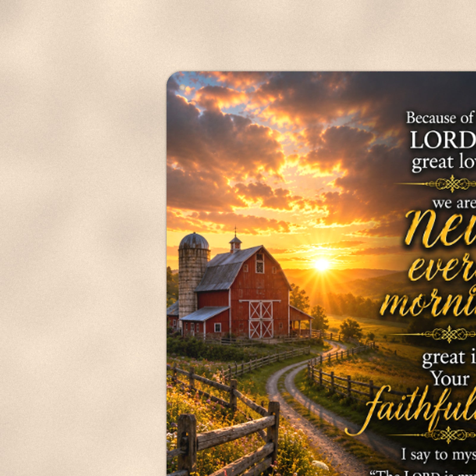 New Every Morning Farm Lane — Lamentations 3:22-23 aluminum metal sign 8" x 12" - close-up view of the printed artwork