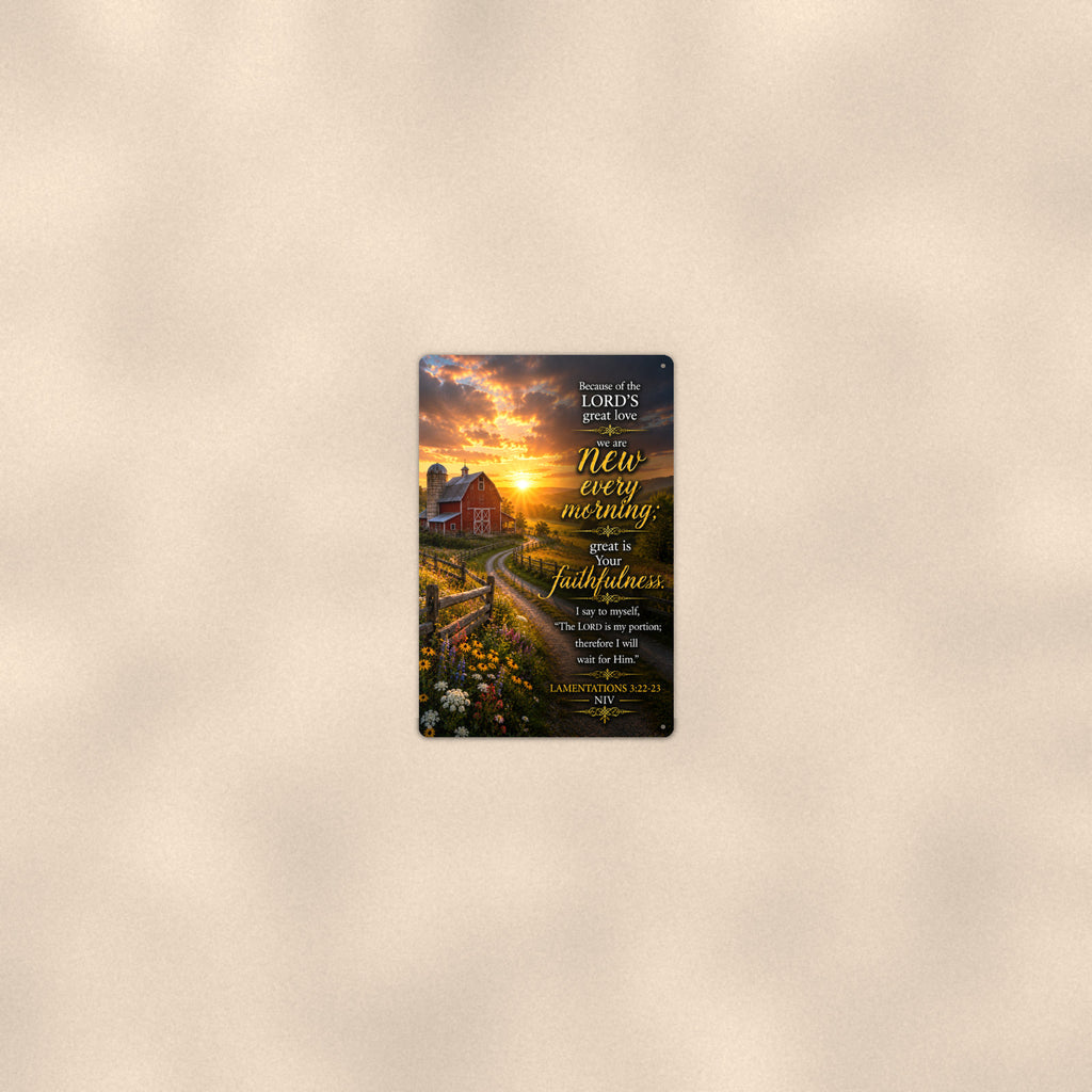 New Every Morning Farm Lane — Lamentations 3:22-23 aluminum metal sign 8" x 12" - room view on warm wall