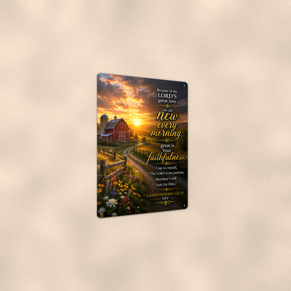 New Every Morning Farm Lane — Lamentations 3:22-23 aluminum metal sign 8" x 12" - angled view showing glossy finish