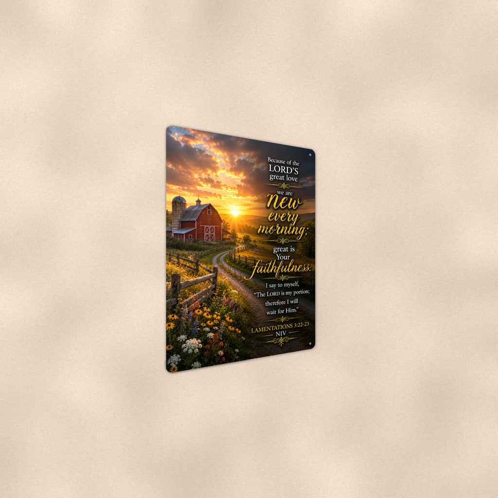 New Every Morning Farm Lane — Lamentations 3:22-23 aluminum metal sign 8" x 12" - angled wall view from a wider angle