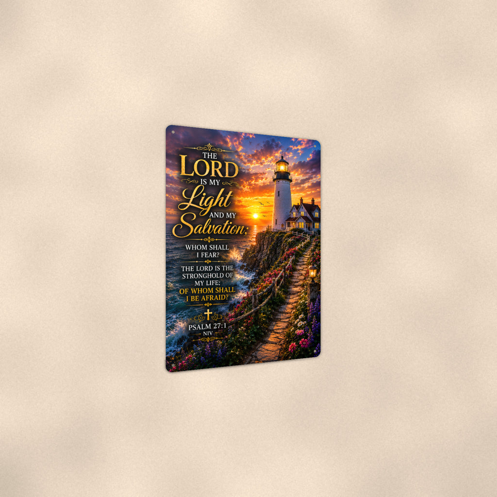 The Lord Is My Light Lighthouse — Psalm 27:1 aluminum metal sign 8" x 12" - angled view showing glossy finish