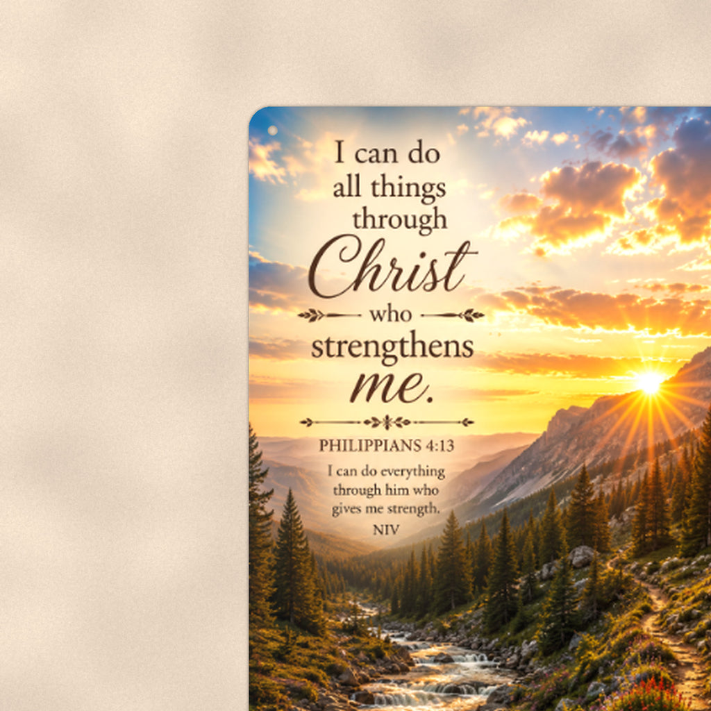 I Can Do All Things Mountain Creek — Philippians 4:13 aluminum metal sign 8" x 12" - close-up view of the printed artwork