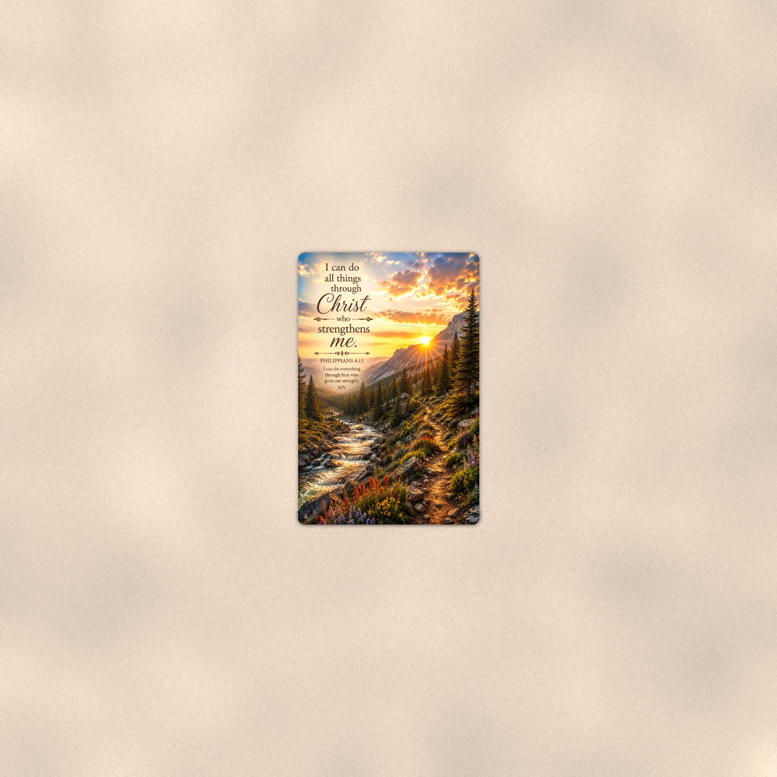 I Can Do All Things Mountain Creek — Philippians 4:13 aluminum metal sign 8" x 12" - room view on warm wall