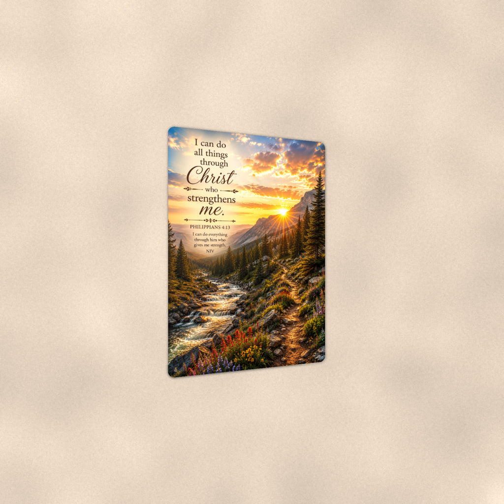 I Can Do All Things Mountain Creek — Philippians 4:13 aluminum metal sign 8" x 12" - angled view showing glossy finish