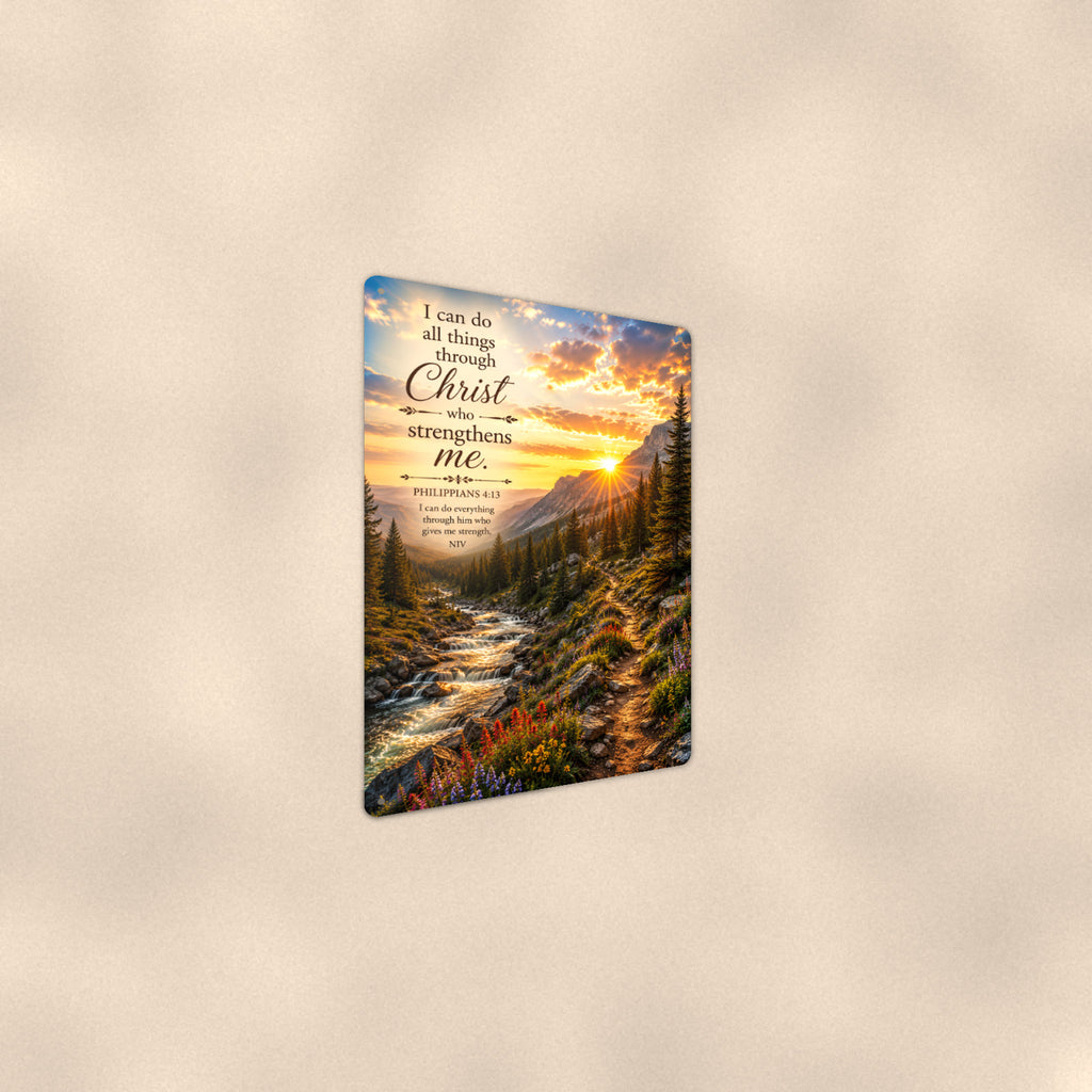I Can Do All Things Mountain Creek — Philippians 4:13 aluminum metal sign 8" x 12" - angled wall view from a wider angle
