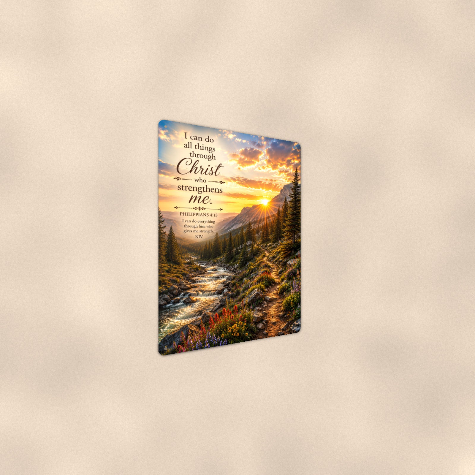 I Can Do All Things Mountain Creek — Philippians 4:13 aluminum metal sign 8" x 12" - angled wall view from a wider angle