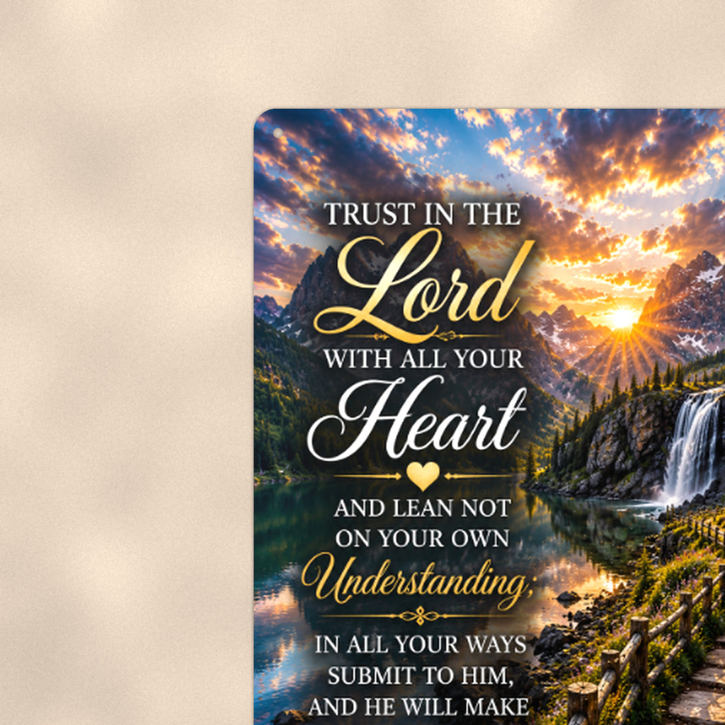 Trust in the Lord Waterfall Steps — Proverbs 3:5-6 aluminum metal sign 8" x 12" - close-up view of the printed artwork