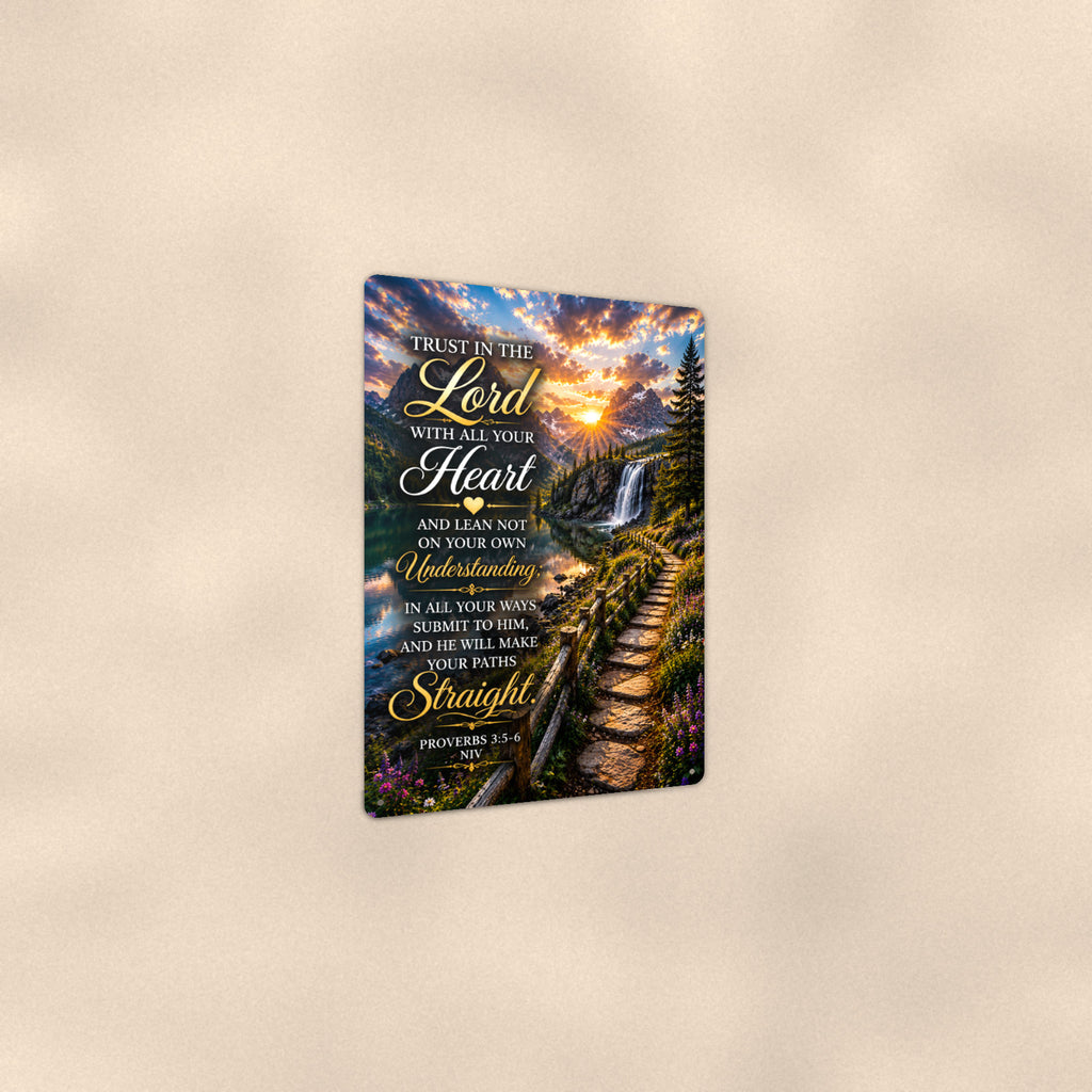 Trust in the Lord Waterfall Steps — Proverbs 3:5-6 aluminum metal sign 8" x 12" - angled view showing glossy finish