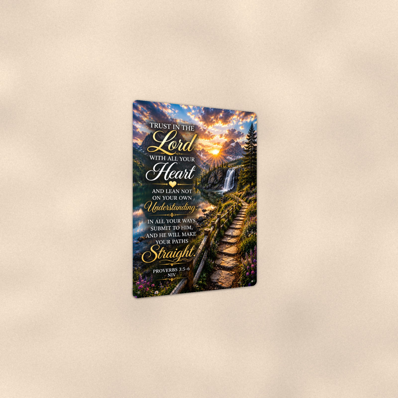 Trust in the Lord Waterfall Steps — Proverbs 3:5-6 aluminum metal sign 8" x 12" - angled view showing glossy finish