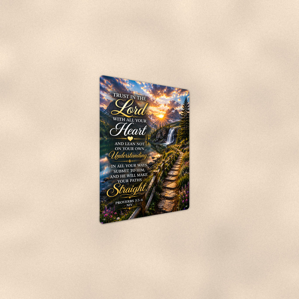 Trust in the Lord Waterfall Steps — Proverbs 3:5-6 aluminum metal sign 8" x 12" - angled wall view from a wider angle