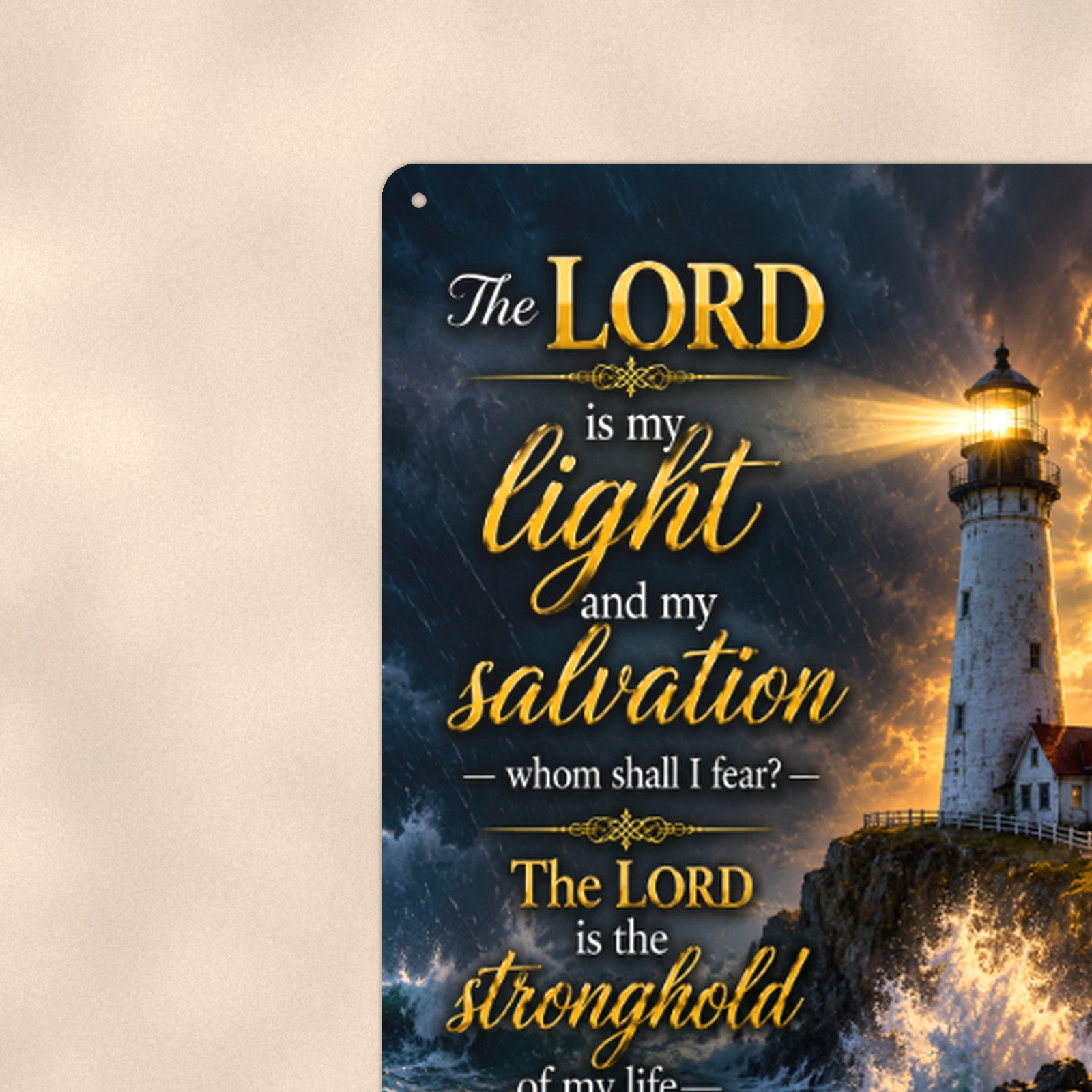 The Lord Is My Light Storm Lighthouse — Psalm 27:1 aluminum metal sign 8" x 12" - close-up view of the printed artwork