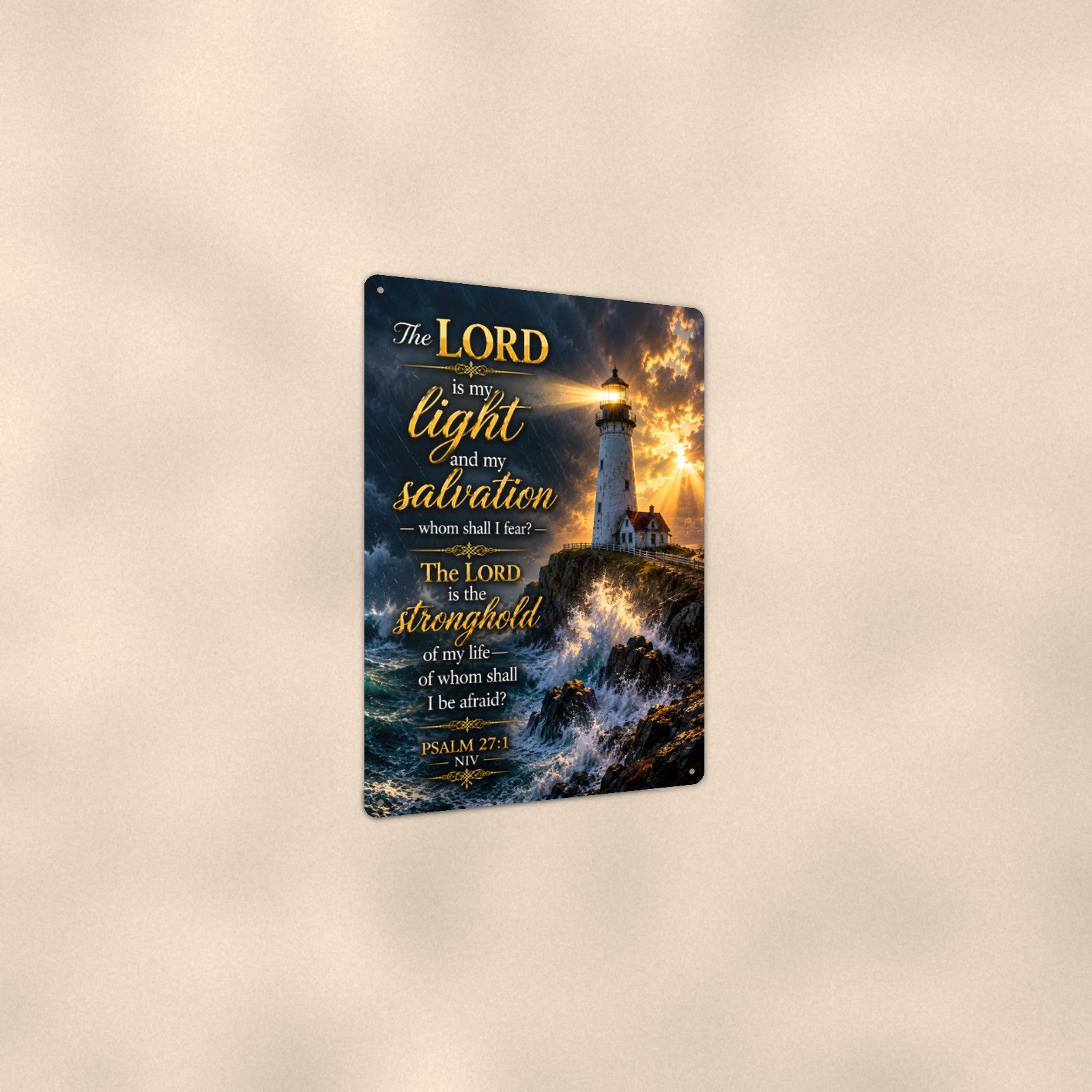 The Lord Is My Light Storm Lighthouse — Psalm 27:1 aluminum metal sign 8" x 12" - angled view showing glossy finish