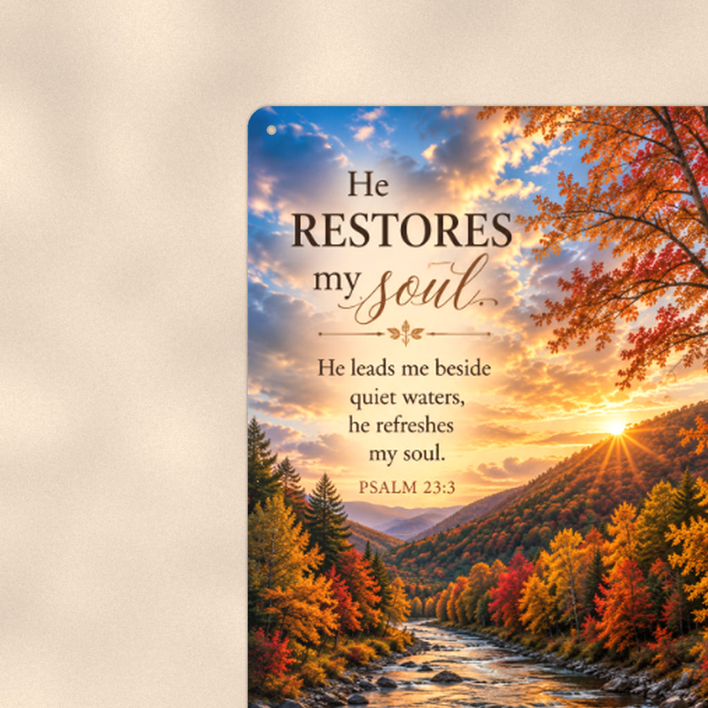 He Restores My Soul Autumn River — Psalm 23 aluminum metal sign 8" x 12" - close-up view of the printed artwork