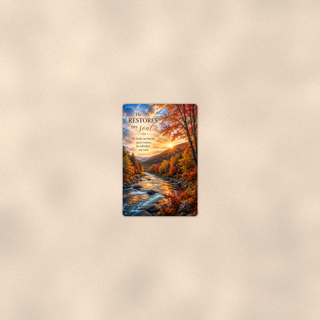 He Restores My Soul Autumn River — Psalm 23 aluminum metal sign 8" x 12" - room view on warm wall