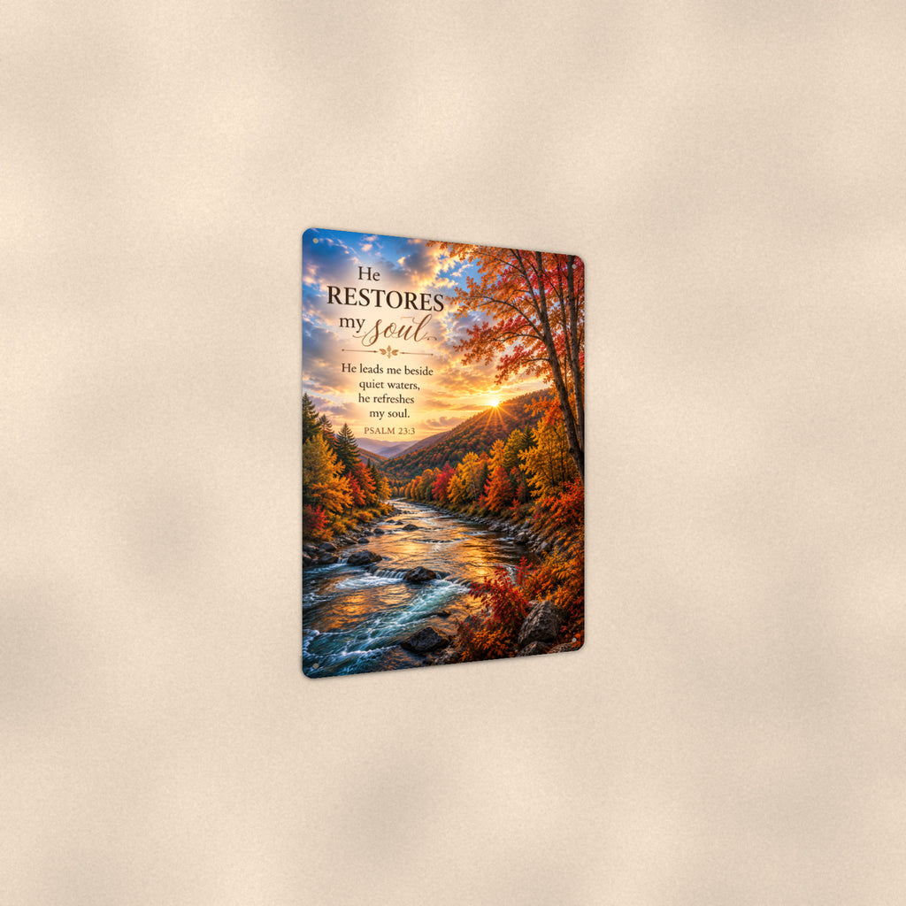 He Restores My Soul Autumn River — Psalm 23 aluminum metal sign 8" x 12" - angled view showing glossy finish