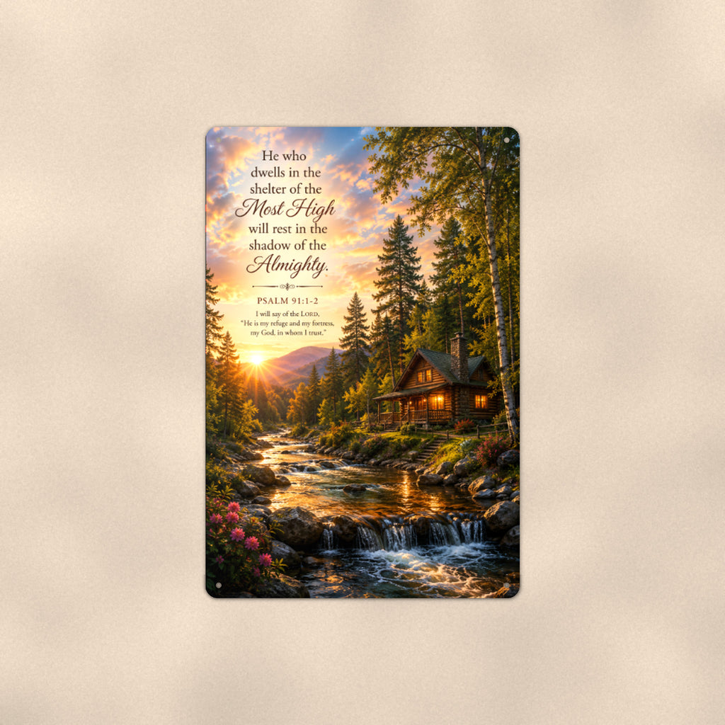Shelter of the Most High Cabin — Psalm 91:1 aluminum metal sign 8" x 12" - front view on warm wall