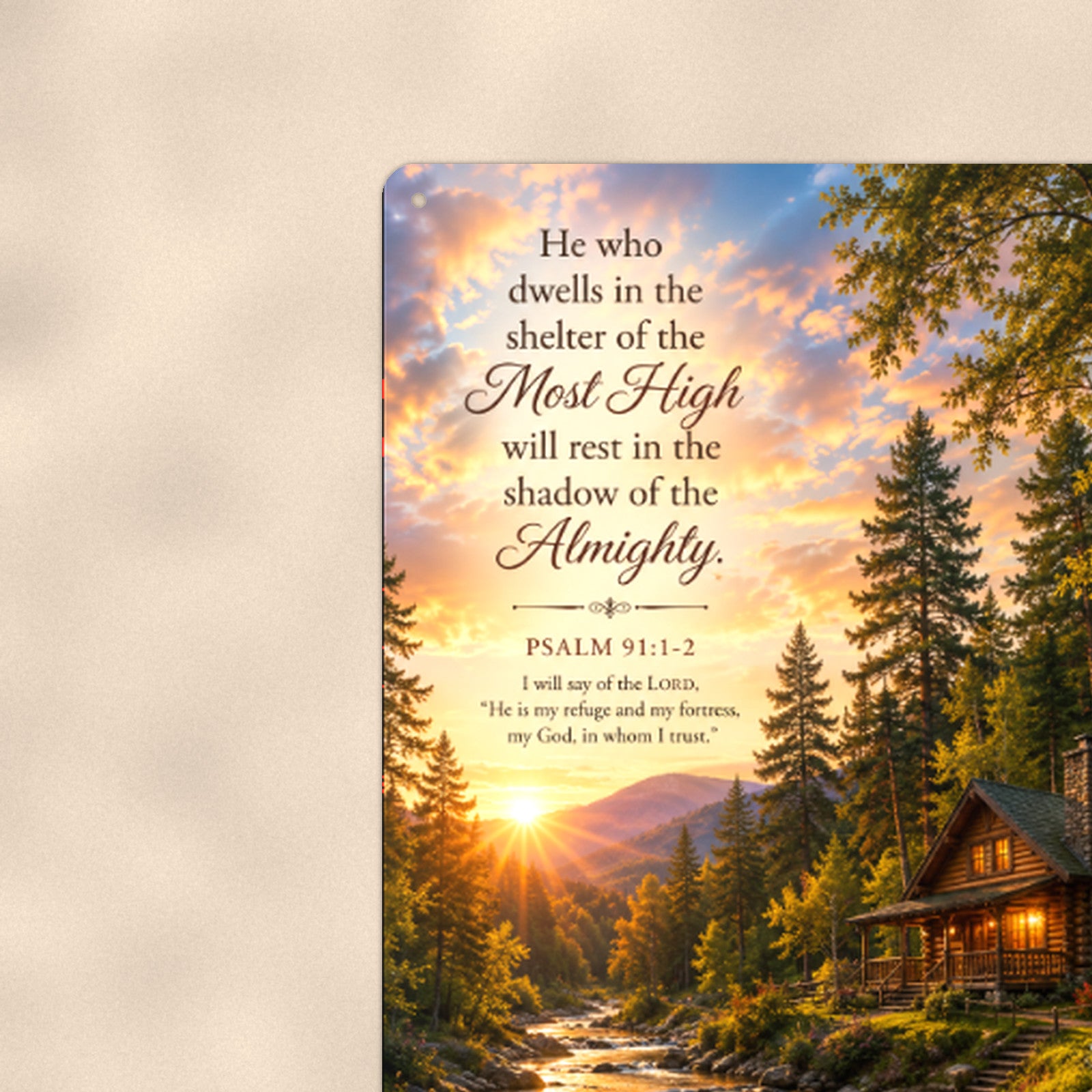 Shelter of the Most High Cabin — Psalm 91:1 aluminum metal sign 8" x 12" - close-up view of the printed artwork
