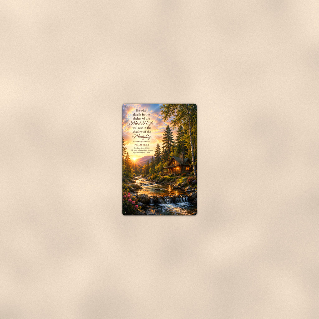 Shelter of the Most High Cabin — Psalm 91:1 aluminum metal sign 8" x 12" - room view on warm wall