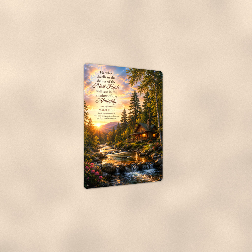 Shelter of the Most High Cabin — Psalm 91:1 aluminum metal sign 8" x 12" - angled view showing glossy finish