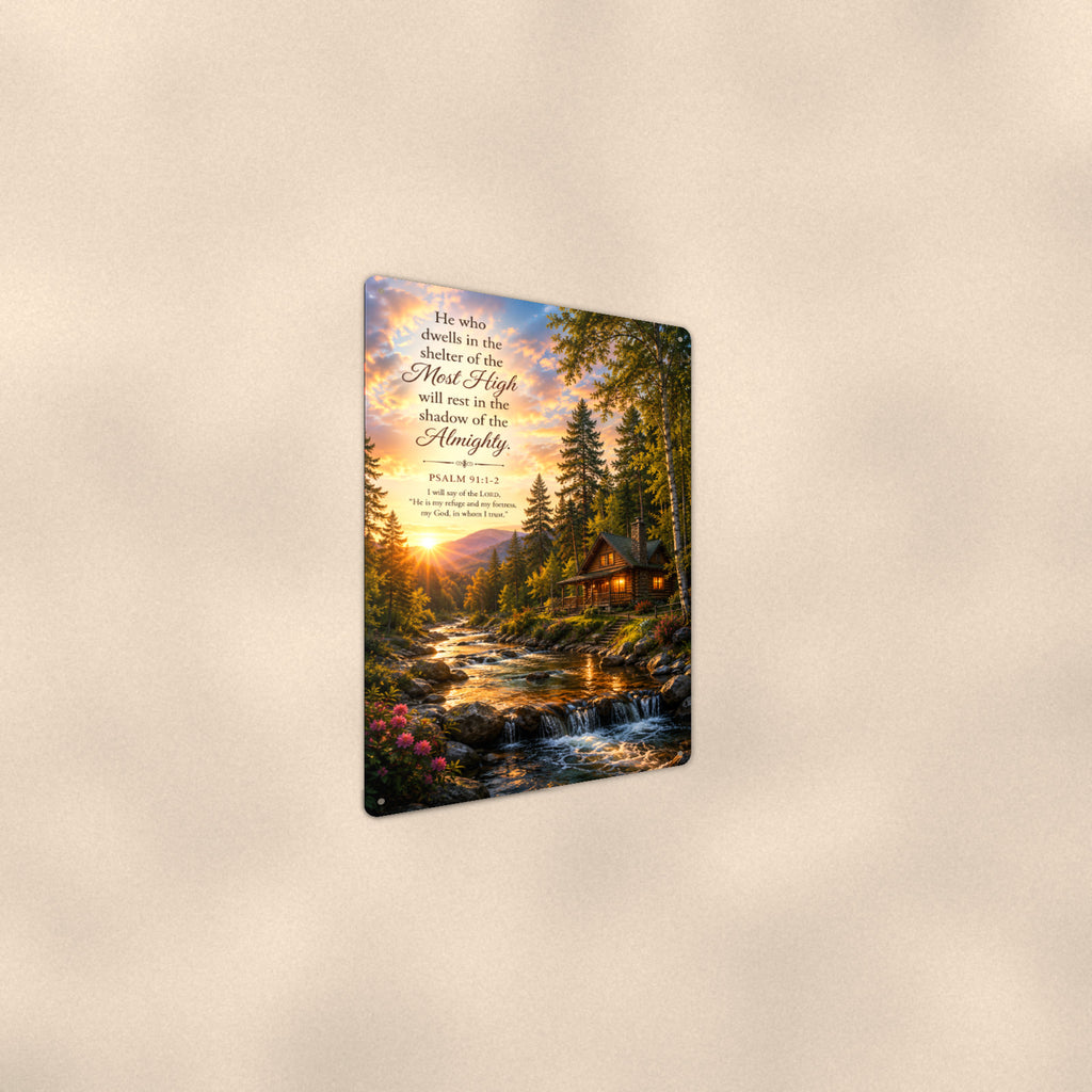 Shelter of the Most High Cabin — Psalm 91:1 aluminum metal sign 8" x 12" - angled wall view from a wider angle