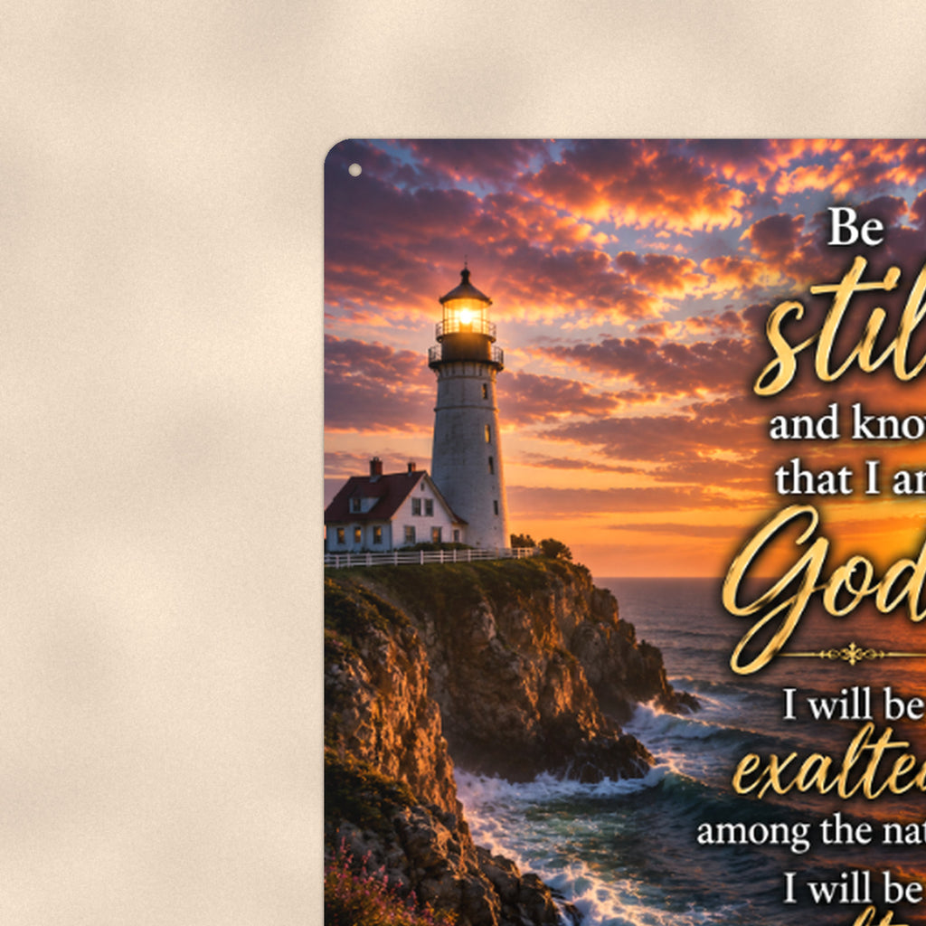Be Still and Know Cliff Lighthouse — Psalm 46:10 aluminum metal sign 8" x 12" - close-up view of the printed artwork