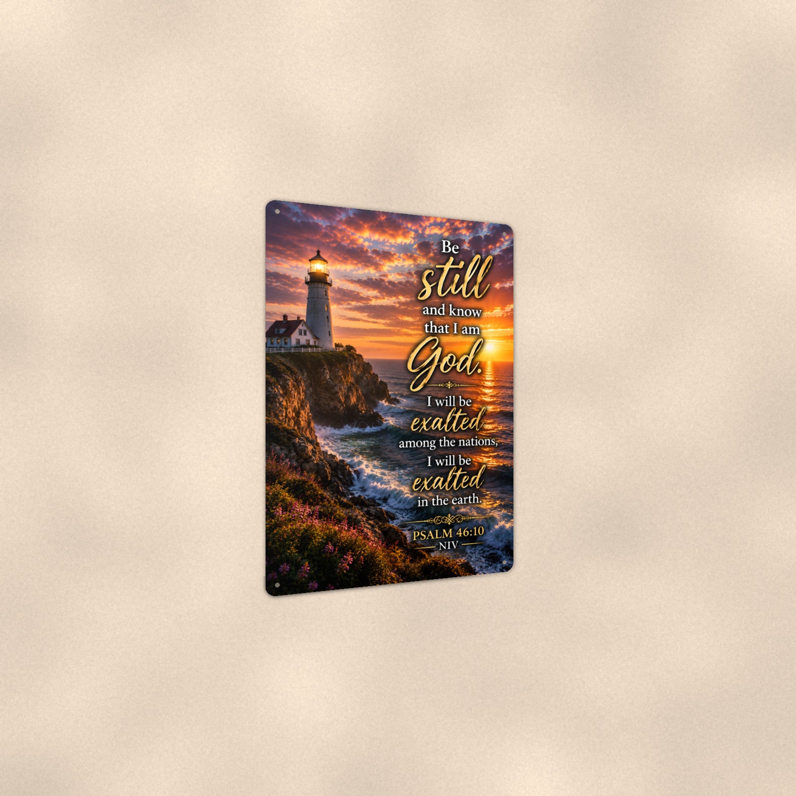 Be Still and Know Cliff Lighthouse — Psalm 46:10 aluminum metal sign 8" x 12" - angled view showing glossy finish