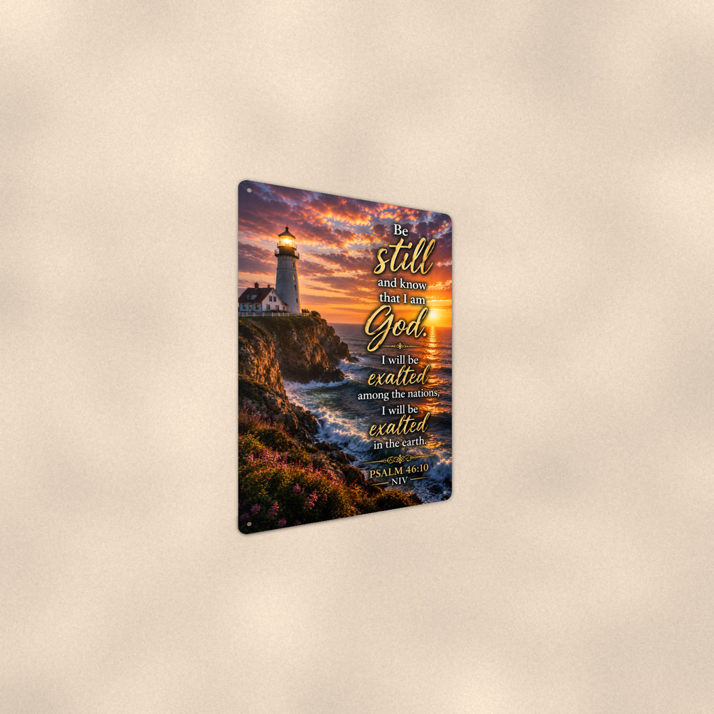 Be Still and Know Cliff Lighthouse — Psalm 46:10 aluminum metal sign 8" x 12" - angled wall view from a wider angle