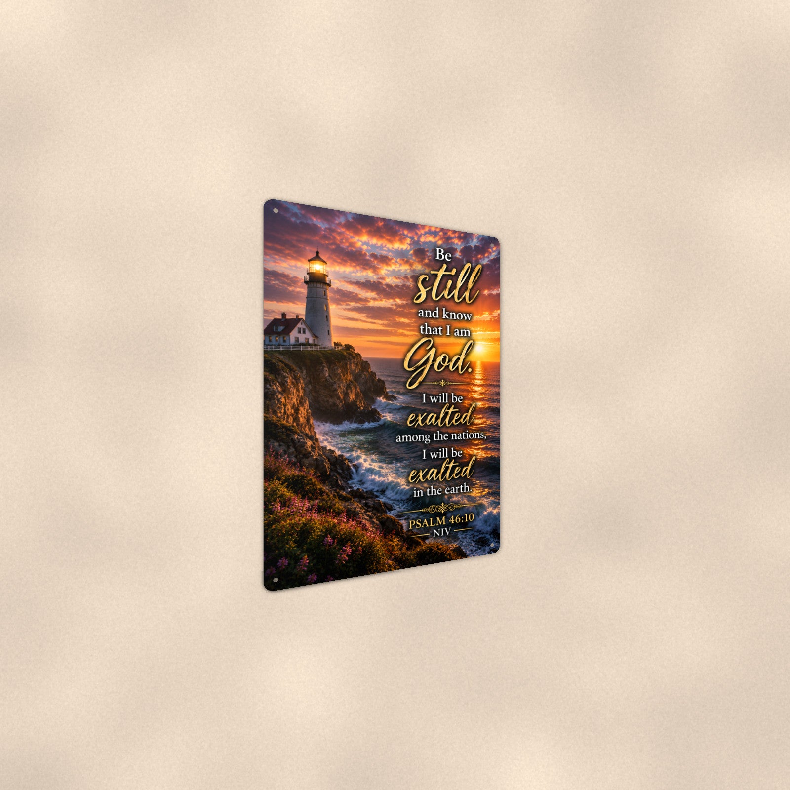 Be Still and Know Cliff Lighthouse — Psalm 46:10 aluminum metal sign 8" x 12" - angled wall view from a wider angle