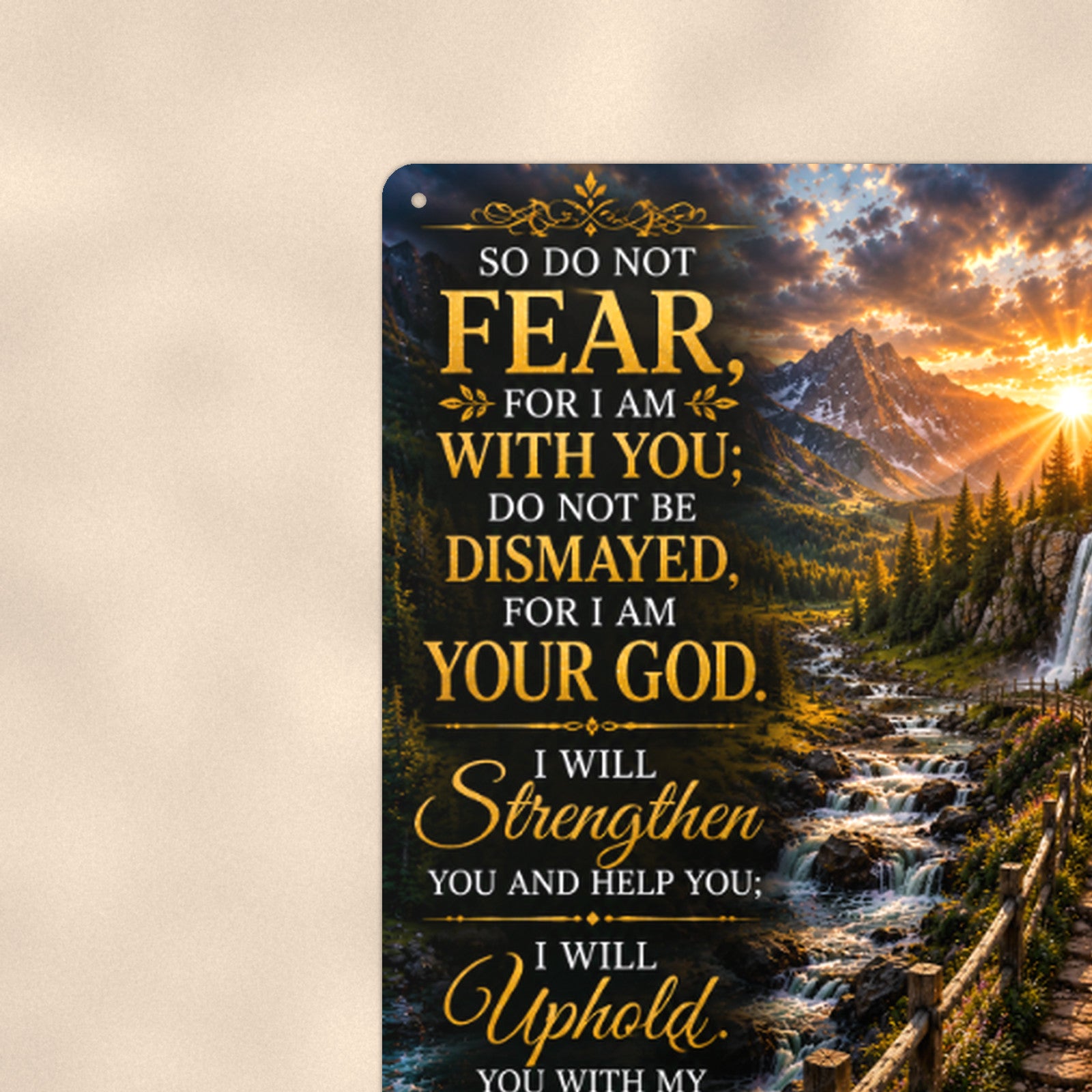 Do Not Fear Waterfall Path — Isaiah 41:10 aluminum metal sign 8" x 12" - close-up view of the printed artwork