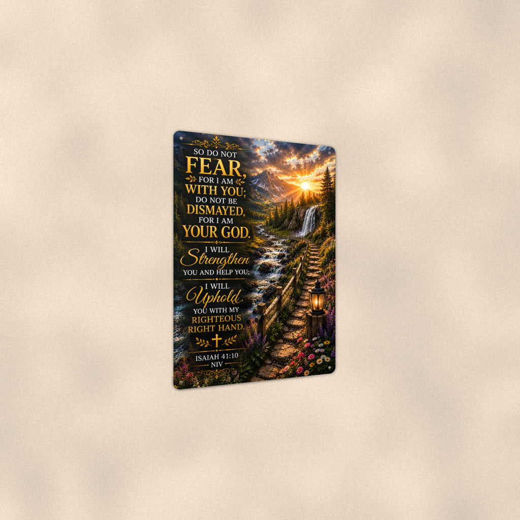 Do Not Fear Waterfall Path — Isaiah 41:10 aluminum metal sign 8" x 12" - angled view showing glossy finish