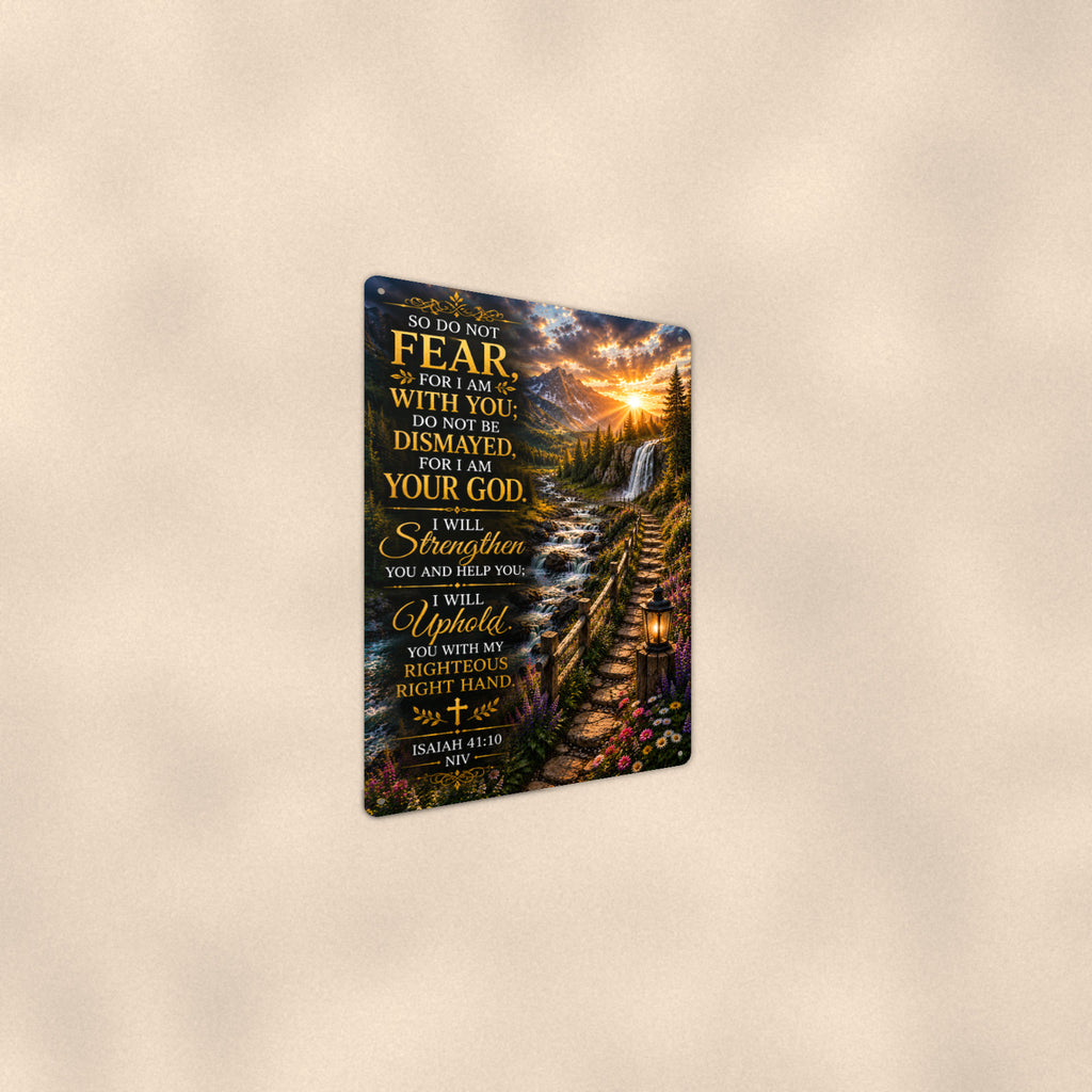 Do Not Fear Waterfall Path — Isaiah 41:10 aluminum metal sign 8" x 12" - angled wall view from a wider angle