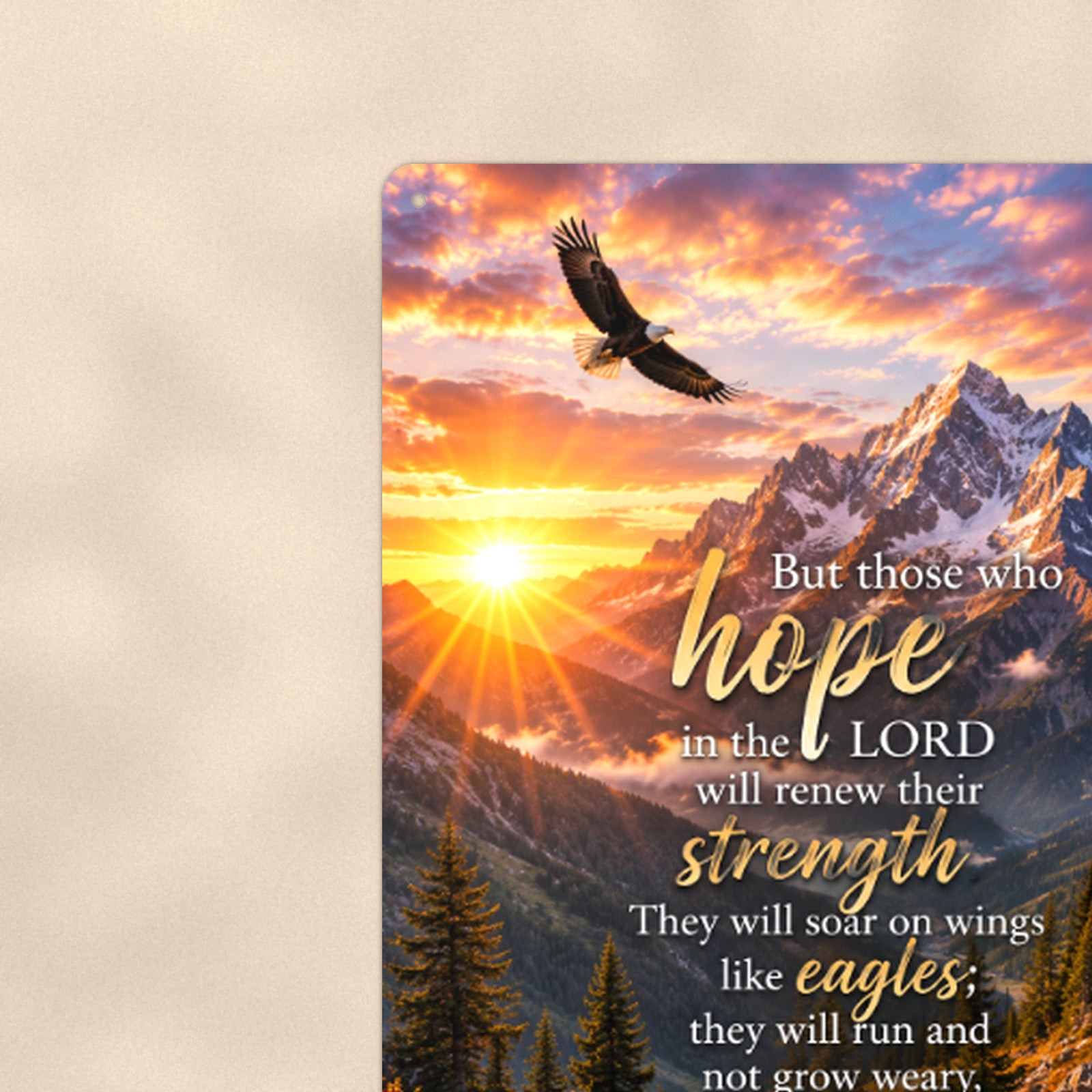 Hope in the Lord Eagle Peaks — Isaiah 40:31 aluminum metal sign 8" x 12" - close-up view of the printed artwork