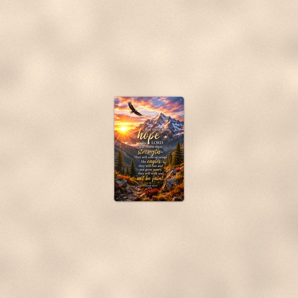 Hope in the Lord Eagle Peaks — Isaiah 40:31 aluminum metal sign 8" x 12" - room view on warm wall