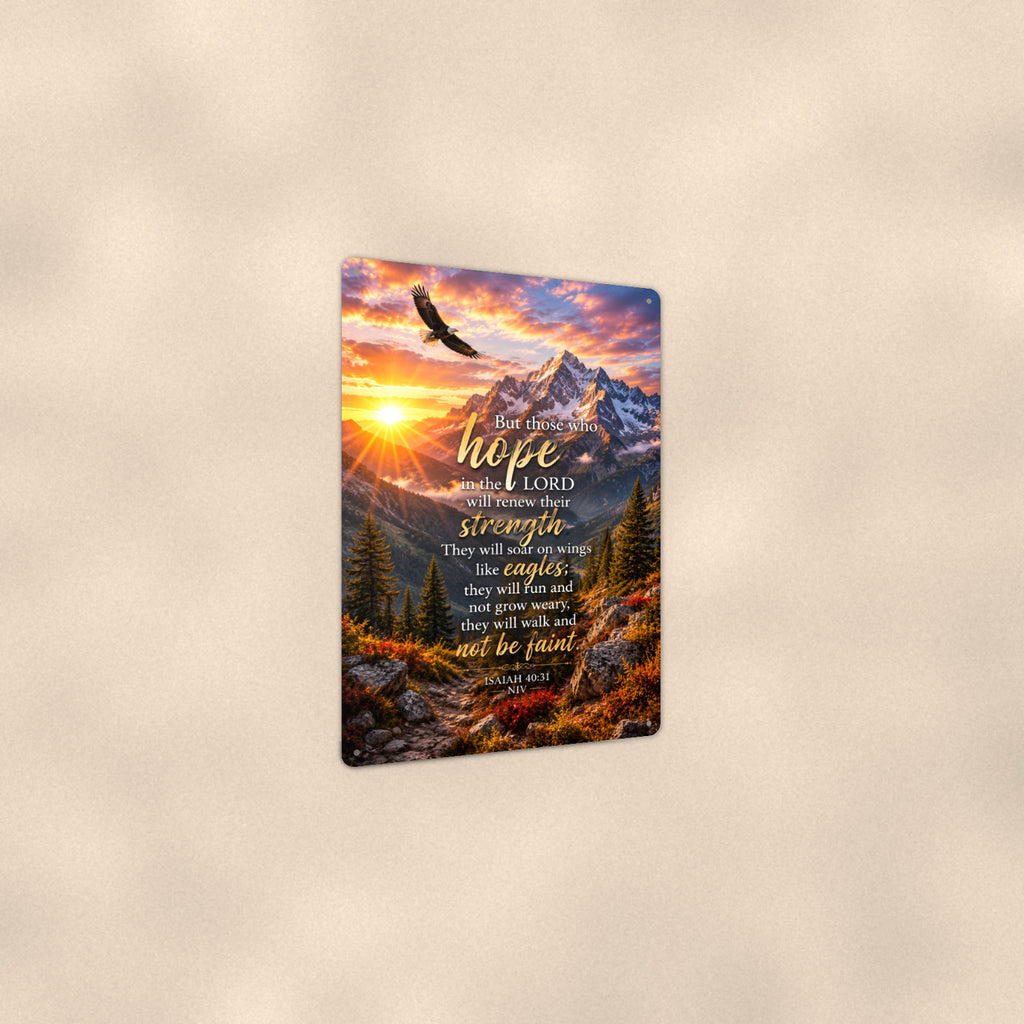 Hope in the Lord Eagle Peaks — Isaiah 40:31 aluminum metal sign 8" x 12" - angled view showing glossy finish
