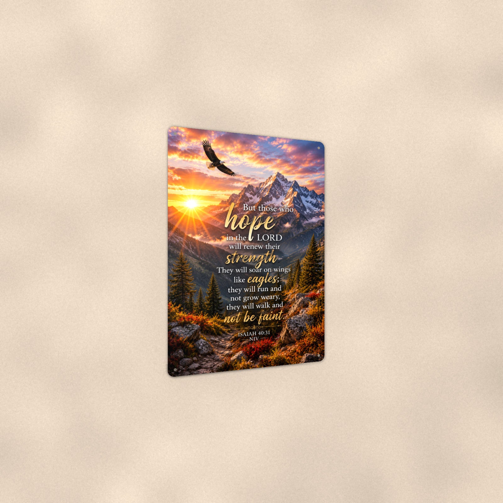 Hope in the Lord Eagle Peaks — Isaiah 40:31 aluminum metal sign 8" x 12" - angled view showing glossy finish
