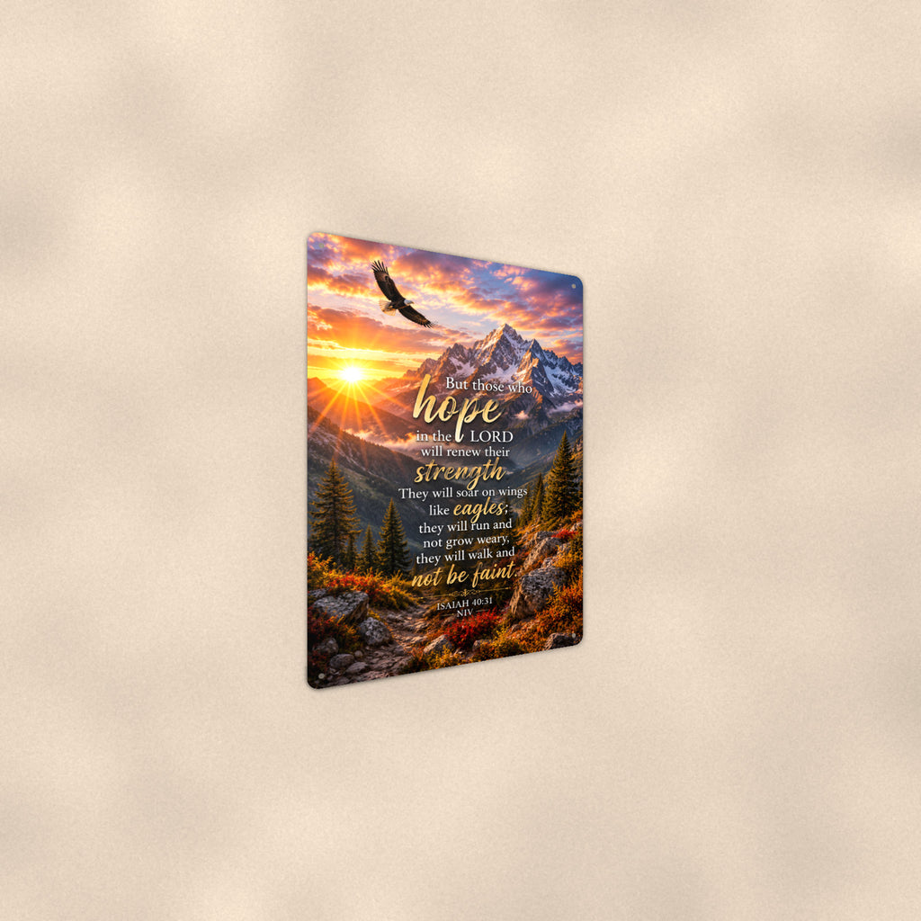 Hope in the Lord Eagle Peaks — Isaiah 40:31 aluminum metal sign 8" x 12" - angled wall view from a wider angle