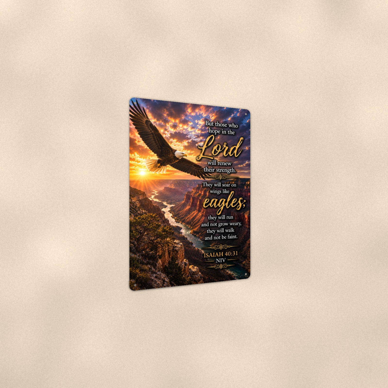 Wings Like Eagles River Canyon — Isaiah 40:31 aluminum metal sign 8" x 12" - angled view showing glossy finish