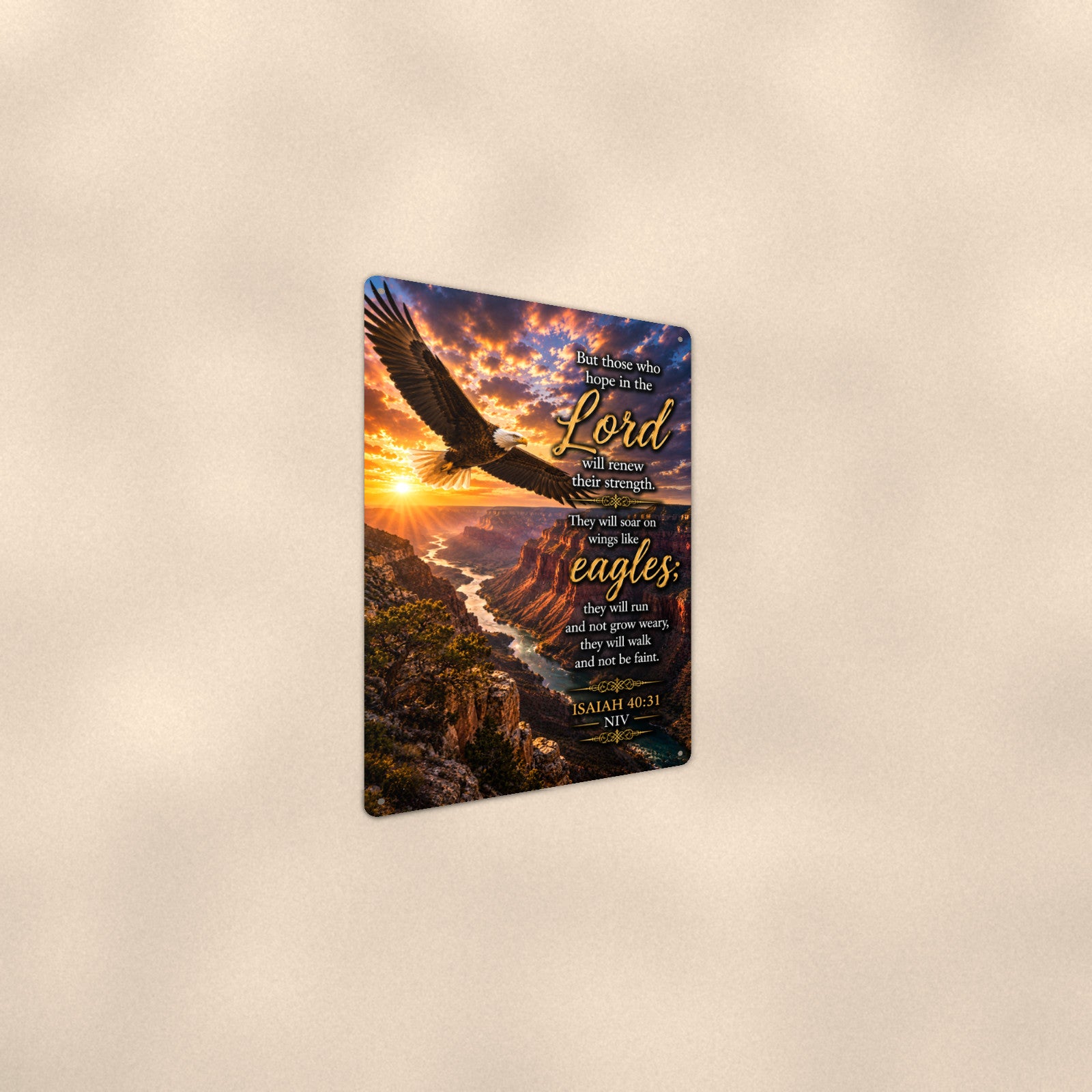 Wings Like Eagles River Canyon — Isaiah 40:31 aluminum metal sign 8" x 12" - angled wall view from a wider angle