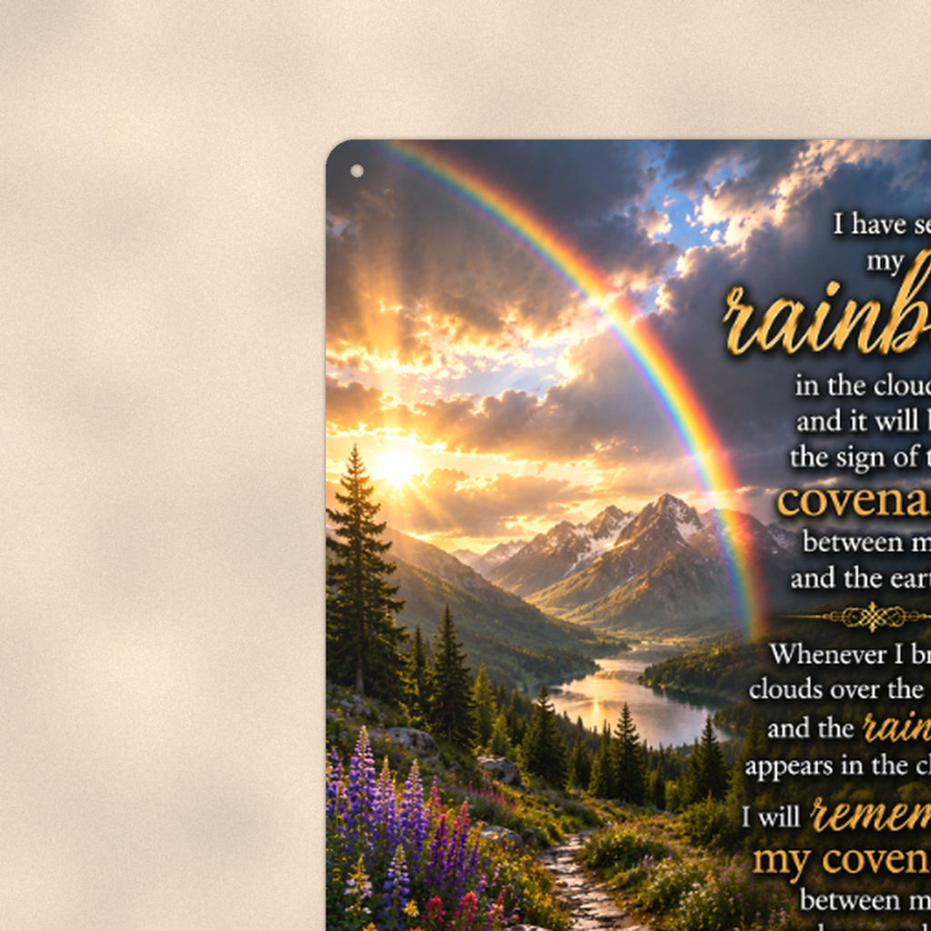 Rainbow Covenant — Genesis 9:13 aluminum metal sign 8" x 12" - close-up view of the printed artwork