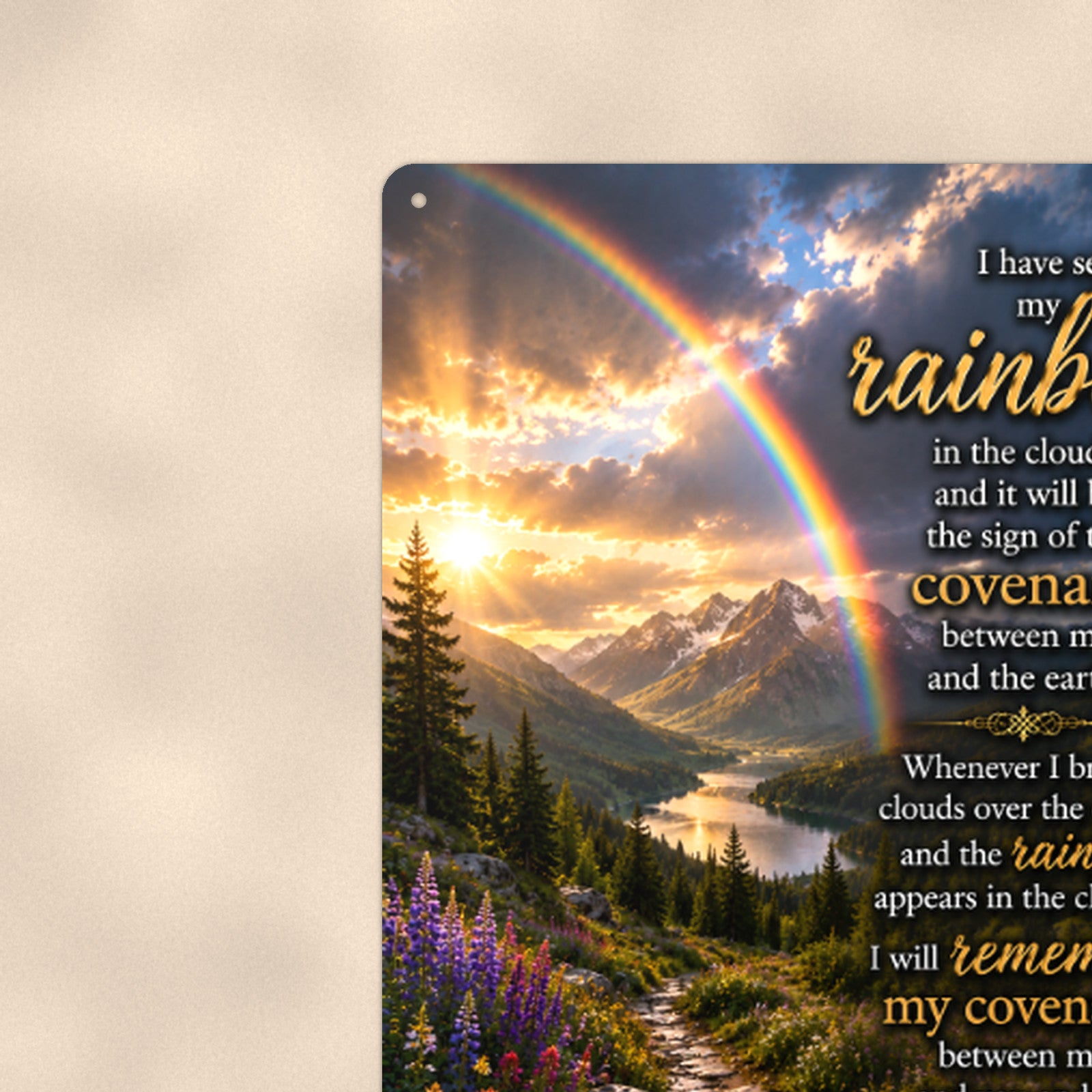 Rainbow Covenant — Genesis 9:13 aluminum metal sign 8" x 12" - close-up view of the printed artwork