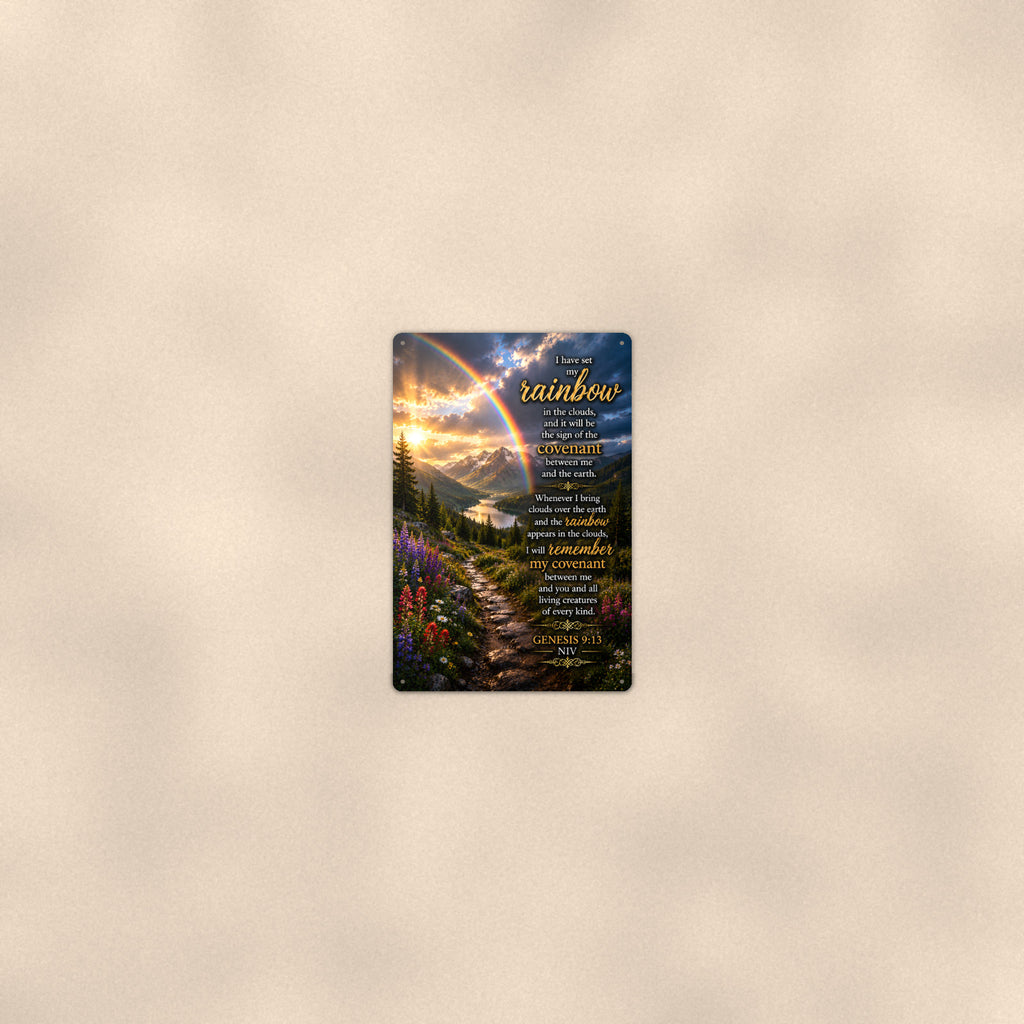 Rainbow Covenant — Genesis 9:13 aluminum metal sign 8" x 12" - room view on warm wall