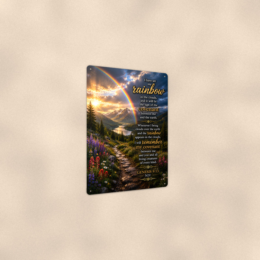Rainbow Covenant — Genesis 9:13 aluminum metal sign 8" x 12" - angled view showing glossy finish