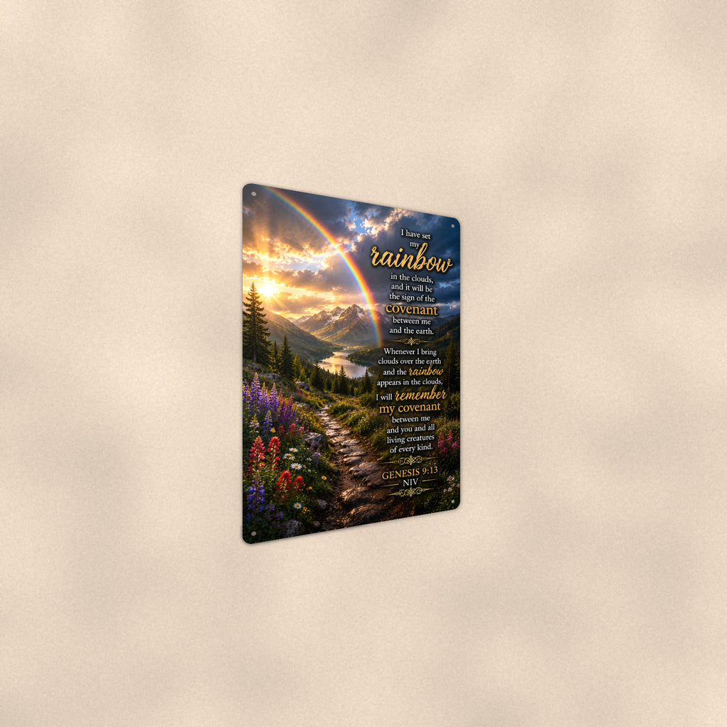 Rainbow Covenant — Genesis 9:13 aluminum metal sign 8" x 12" - angled wall view from a wider angle