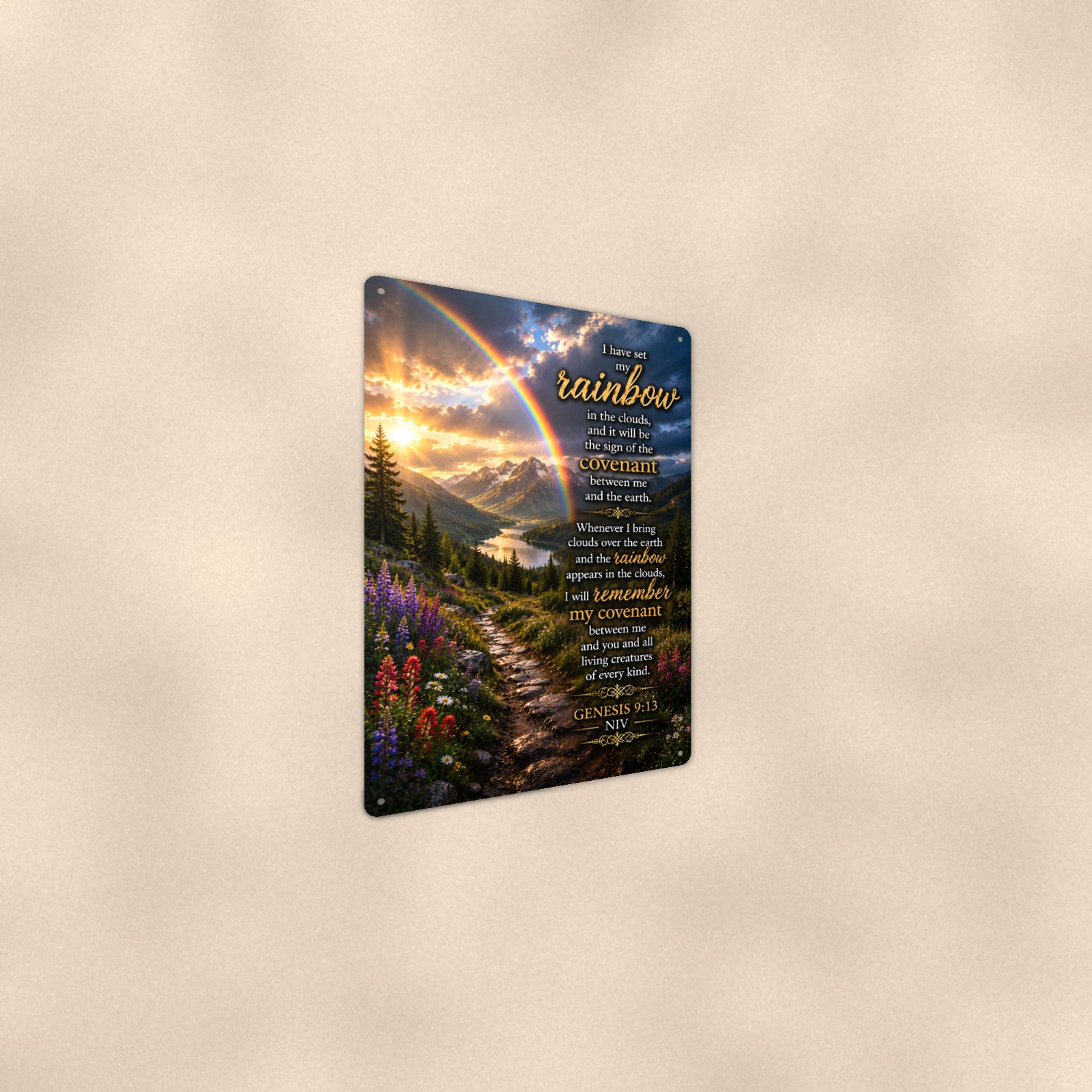 Rainbow Covenant — Genesis 9:13 aluminum metal sign 8" x 12" - angled wall view from a wider angle