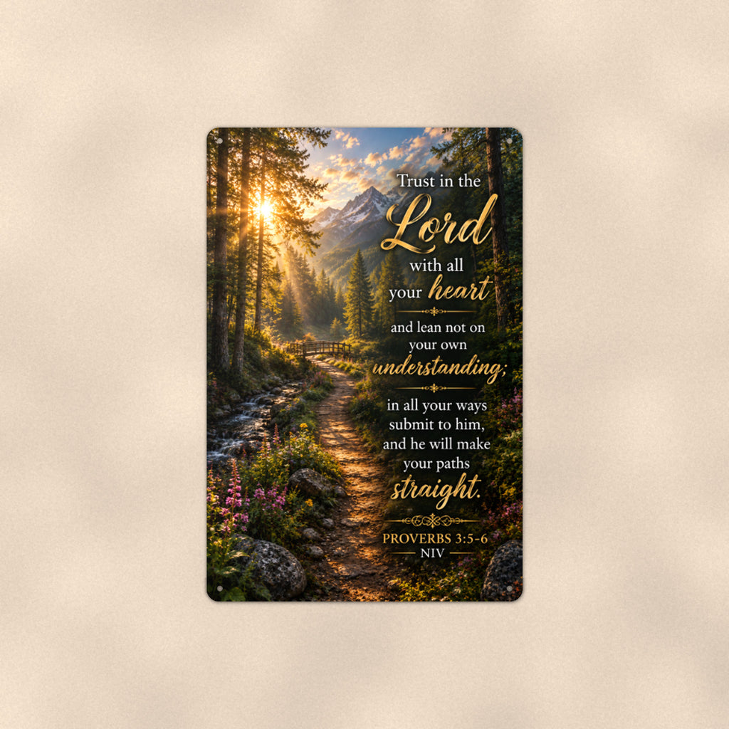 Trust in the Lord Forest Path — Proverbs 3:5-6 aluminum metal sign 8" x 12" - front view on warm wall