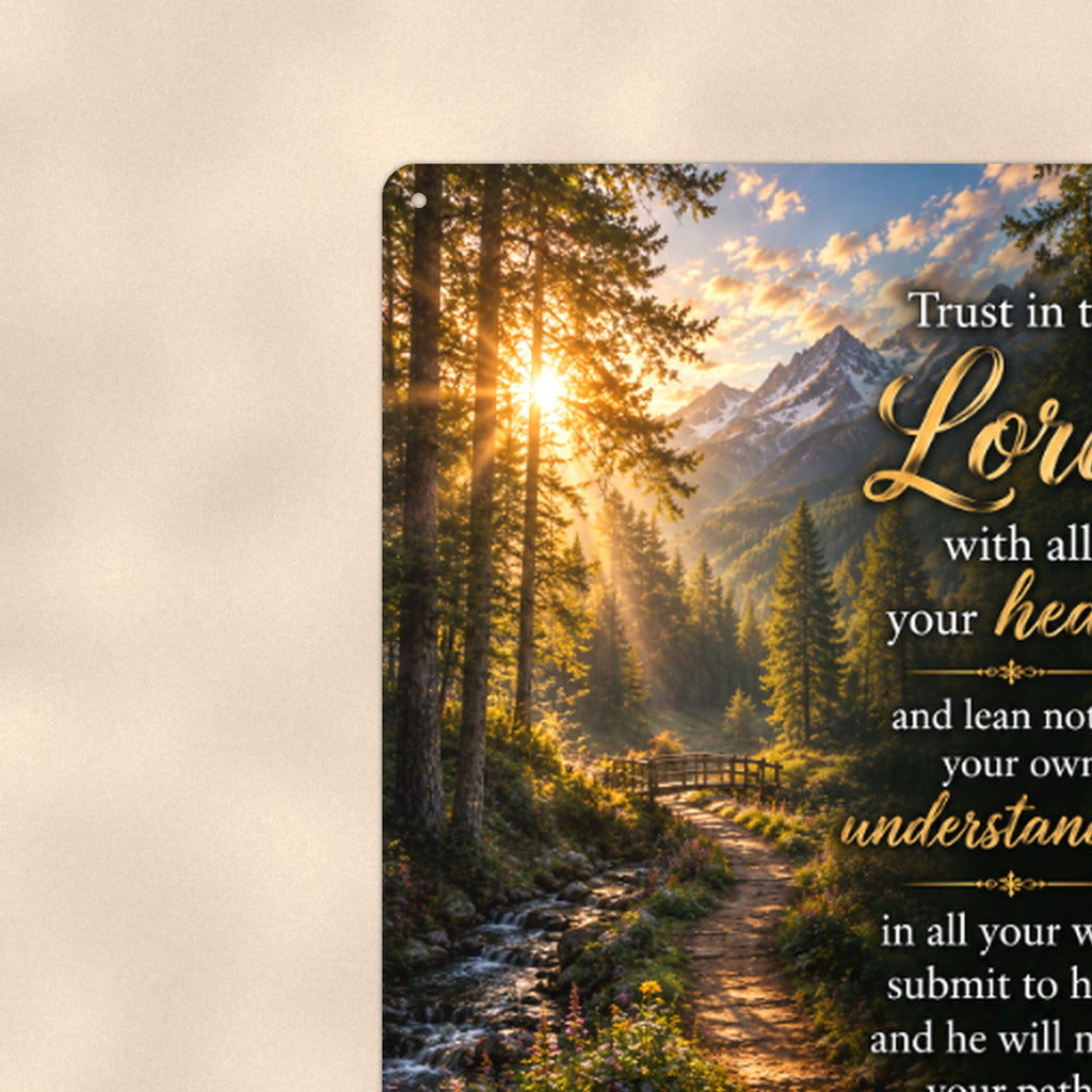 Trust in the Lord Forest Path — Proverbs 3:5-6 aluminum metal sign 8" x 12" - close-up view of the printed artwork