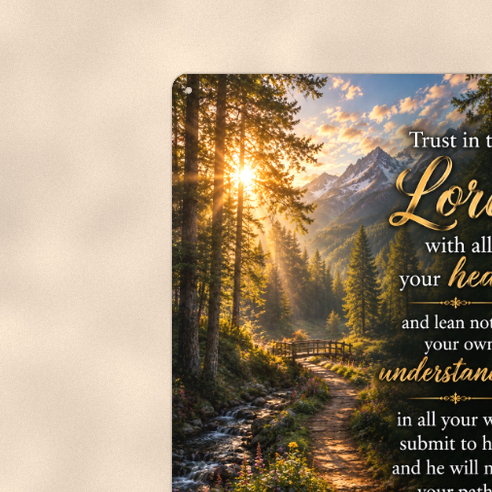 Trust in the Lord Forest Path — Proverbs 3:5-6 aluminum metal sign 8" x 12" - close-up view of the printed artwork