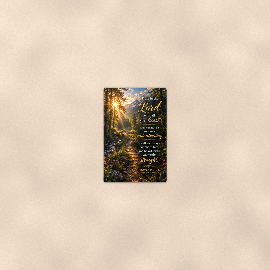 Trust in the Lord Forest Path — Proverbs 3:5-6 aluminum metal sign 8" x 12" - room view on warm wall