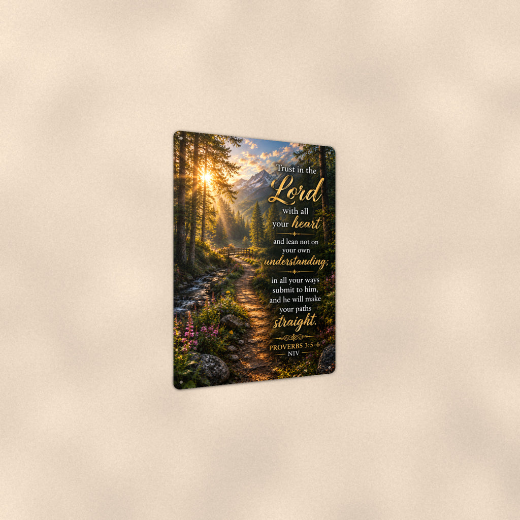 Trust in the Lord Forest Path — Proverbs 3:5-6 aluminum metal sign 8" x 12" - angled view showing glossy finish