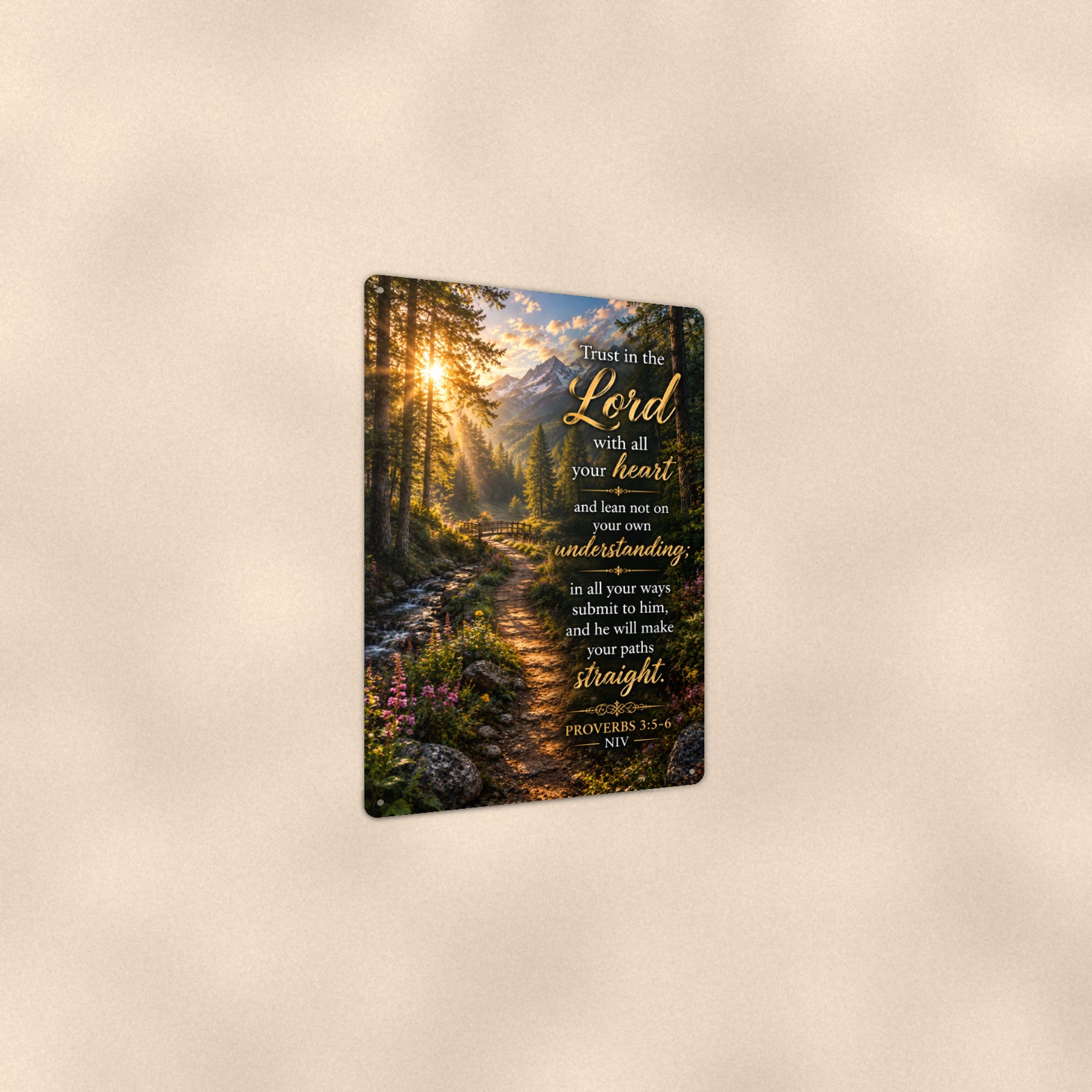 Trust in the Lord Forest Path — Proverbs 3:5-6 aluminum metal sign 8" x 12" - angled view showing glossy finish